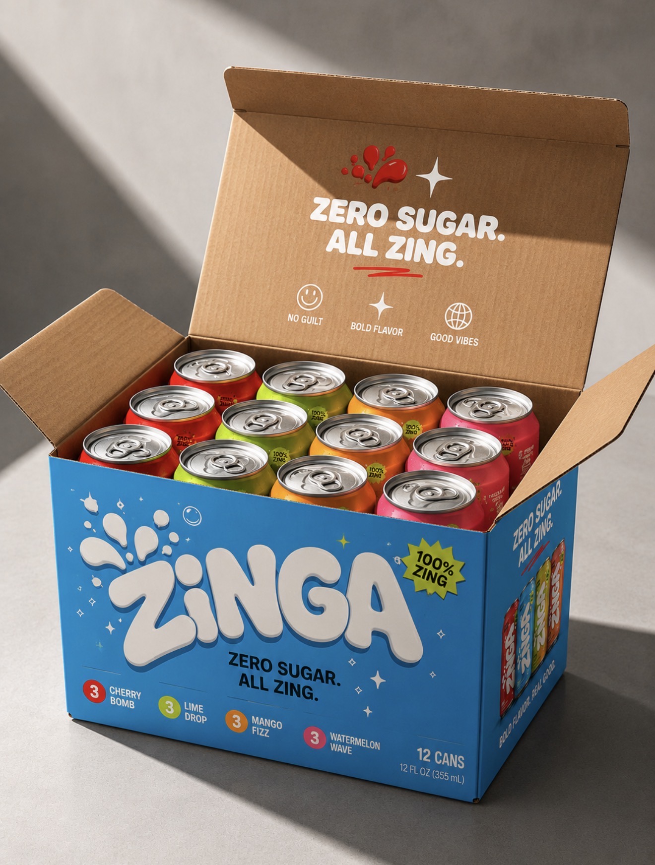 ZINGA 12-can variety pack with cherry, lime, mango and watermelon flavors