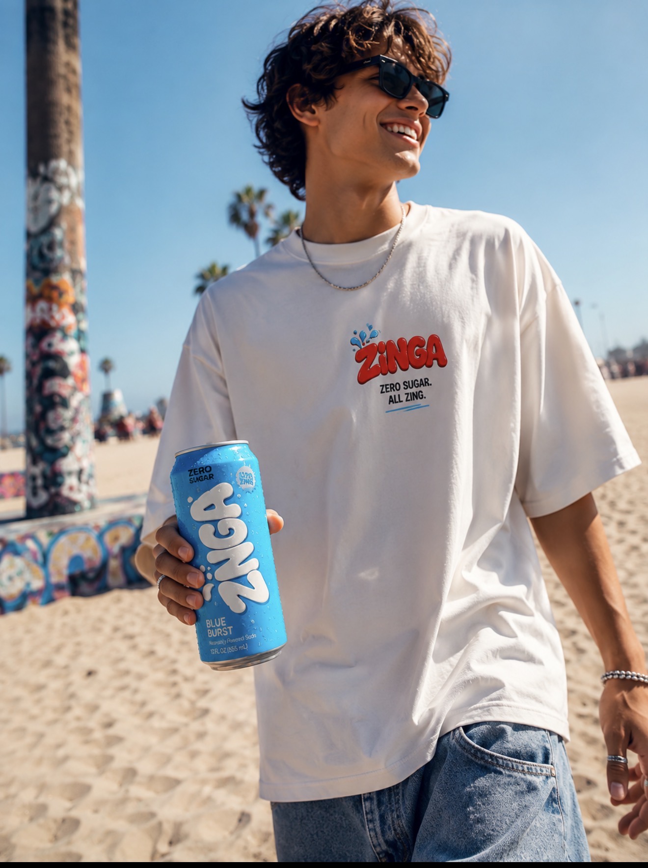 ZINGA lifestyle photography — Blue Burst can at the beach