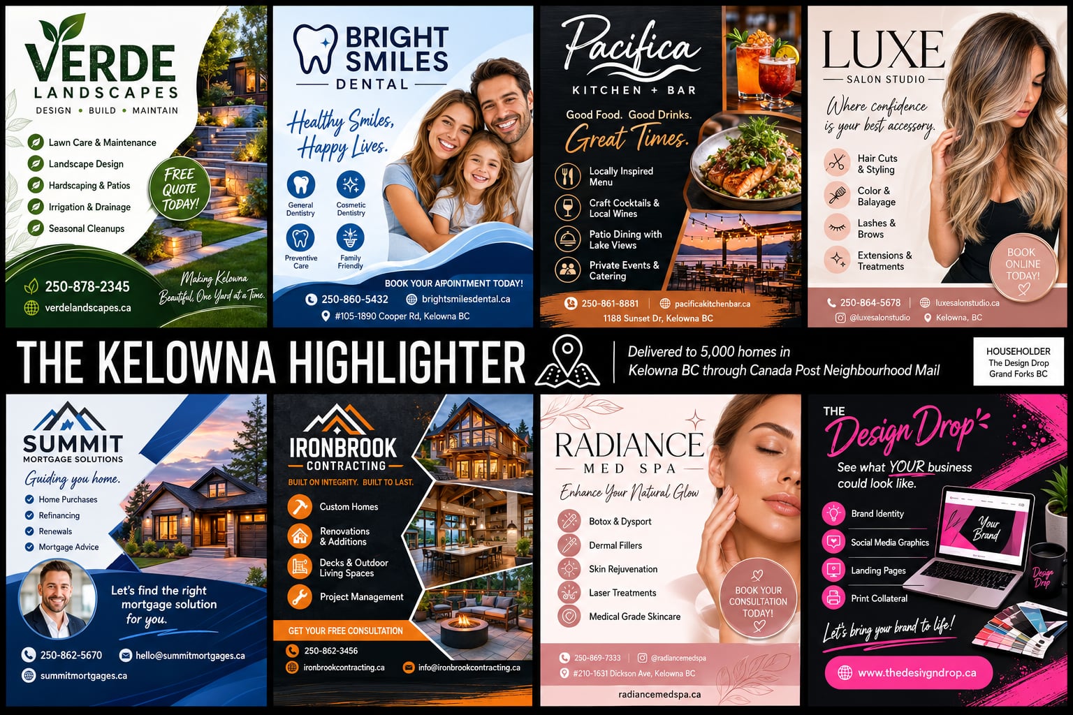 Sample mockup of The Kelowna Highlighter direct mail postcard featuring eight local businesses