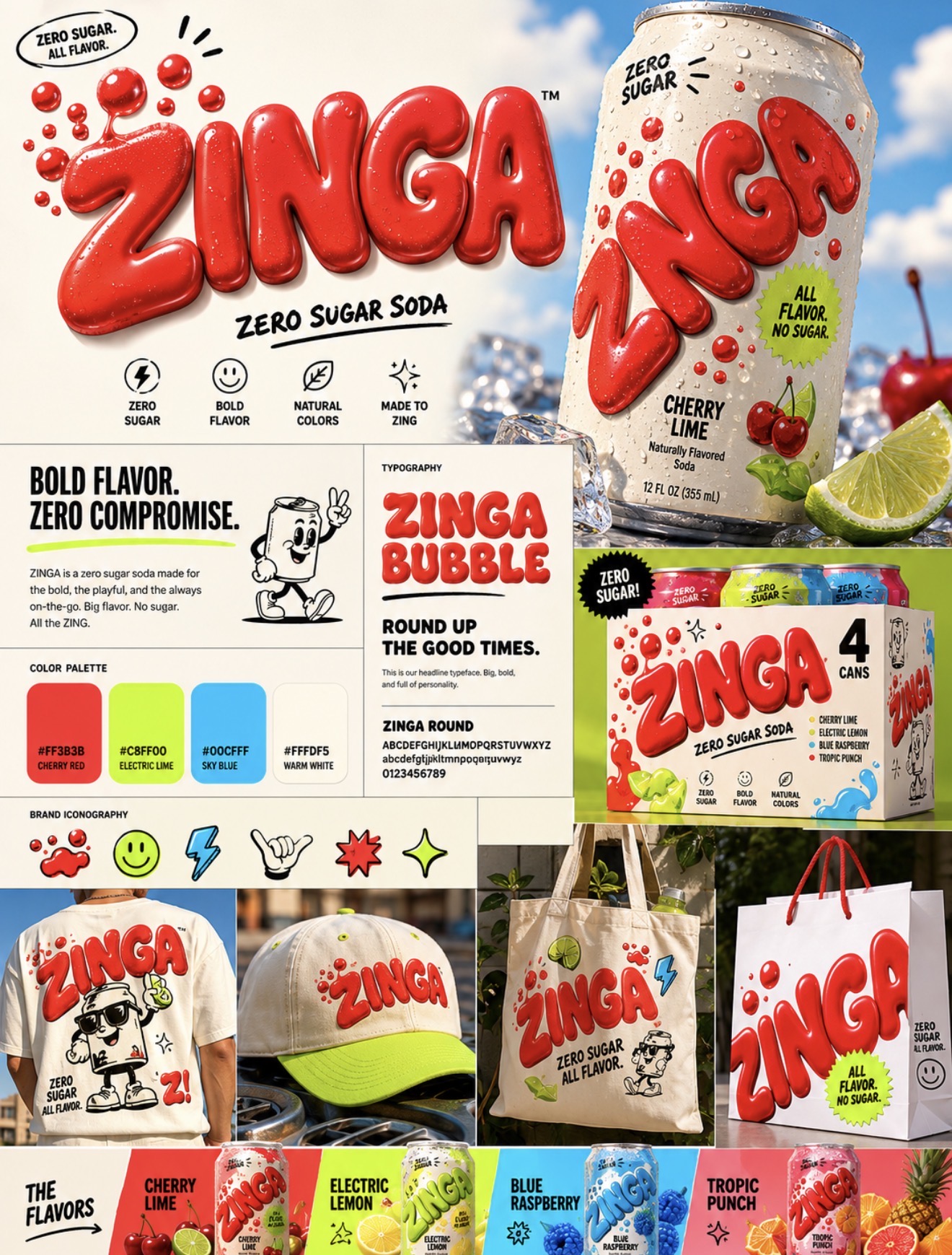 ZINGA brand overview — wordmark, color palette, typography, iconography and merch