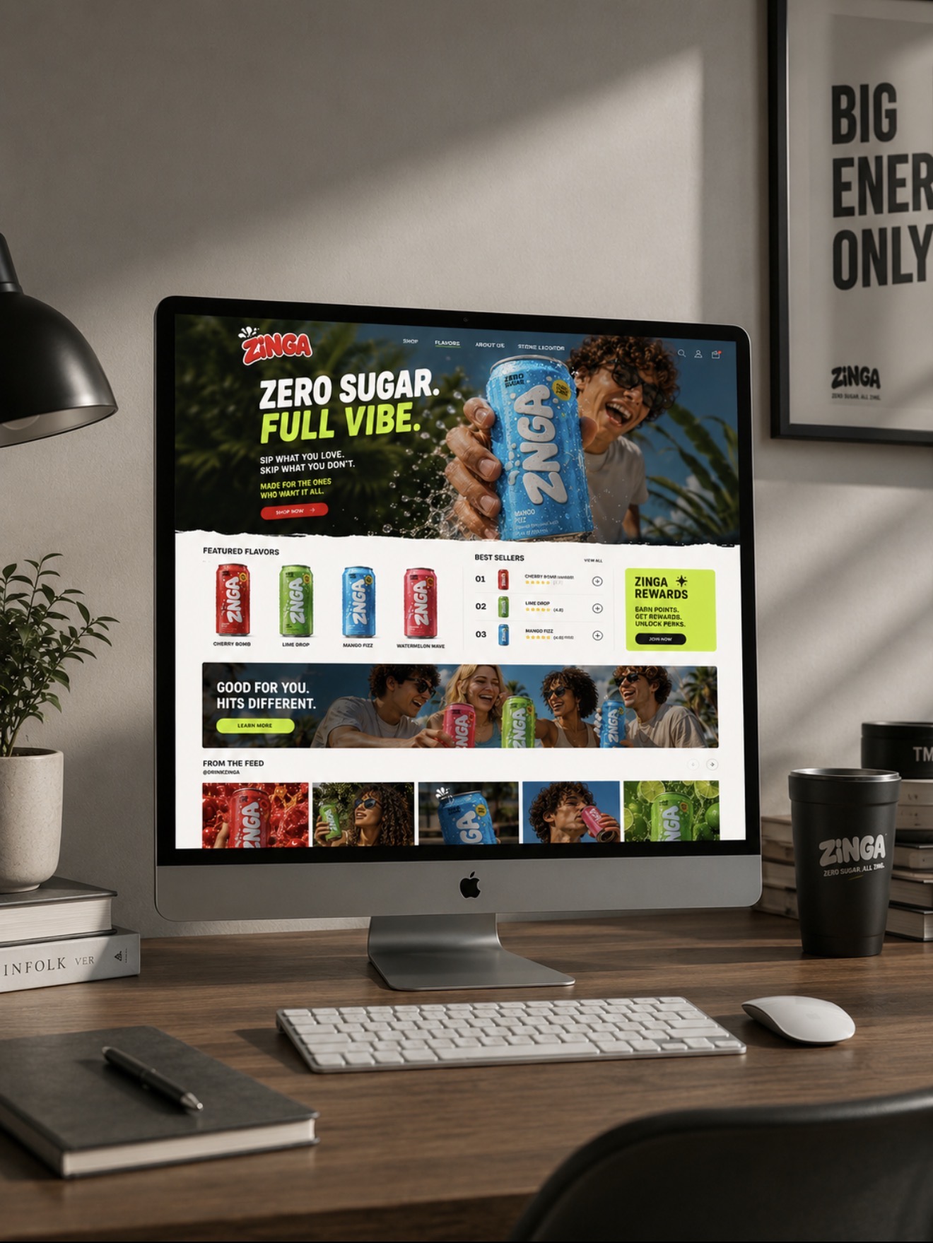 ZINGA e-commerce homepage with featured flavors, best sellers and rewards