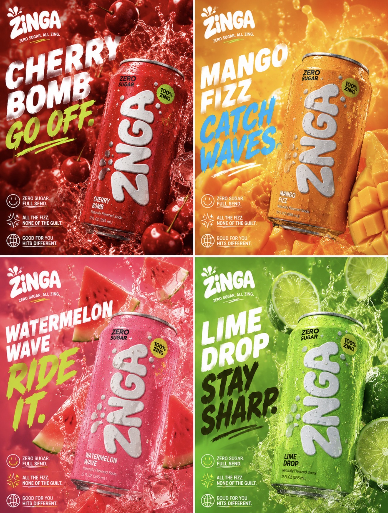 ZINGA flavor campaign posters — Go Off, Catch Waves, Ride It, Stay Sharp