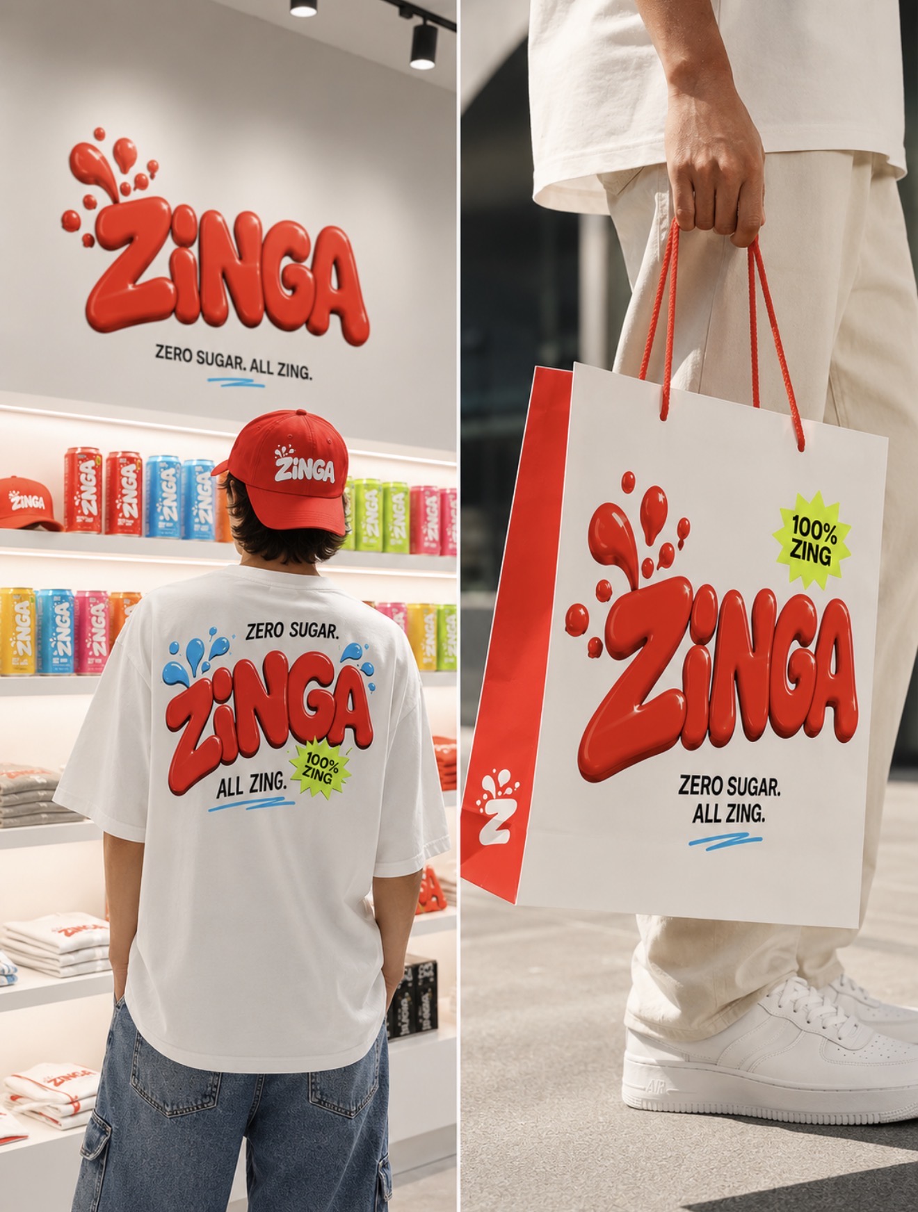 ZINGA retail environment and branded shopping bag with merch wall